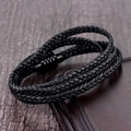 Men's multi-layer black braided leather bracelet with matte black magnetic metal clasp - Three-Circle Braided Style (A-13)