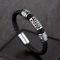 Men's black braided leather bracelet with retro silver-toned hollow pattern metal rings - Hollow Pattern Metal Ring Style (A-16)