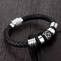 Men's braided black leather bracelet with stainless steel cross beads and magnetic clasp - Cross Embossed Bead Style (A-17)