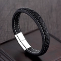 Men's black braided leather bracelet with white stitching and silver magnetic clasp - Smooth Leather Stitching Decor Style (A-18)