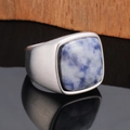 Macro view of vintage men's signet ring with blue natural stone and matte steel finish - US 7 / Silver Tone Blue Spot Stone
