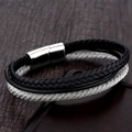 Men's multi-layer braided black leather bracelet with silver mesh and magnetic clasp - Three-Layer Composite Material Style (A-21)
