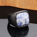 Macro detail of men's matte black steel ring with square blue marble stone inlay - Black Tone Blue Spot Stone