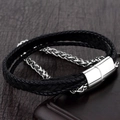 Men's multi-layer black braided leather and silver stainless steel chain bracelet - Multi-Circle Polished Clasp Style (A-23)