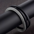 Men's multilayer braided leather bracelet with silver steel mesh strap on display - Multilayer Wrap Structure Style (A-24)
