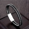 Men's braided black leather and silver wire bracelet with polished metal magnetic clasp - Black Leather Metal Wire Braided Style (A-28)