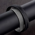 Men's double-wrap bracelet with black stitched leather and silver braided metal mesh - Double Loop Layered Style (A-25)