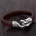 Men's braided brown leather bracelet with vintage silver snake head metal clasp - Snake Head Clasp Vintage Style (A-31)