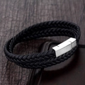 Men's double-layered black woven leather bracelet with polished silver magnetic clasp - Double Layer Cross Braided Style (A-35)