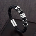 Men's punk braided black leather bracelet with silver stainless steel flower beads - Cross Star Pattern Square Metal Style (A-36)