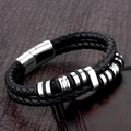 Men's double-layered braided black leather bracelet with polished steel rings - Black Rubber Ring Metal Loop Style (A-33)