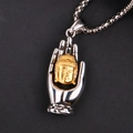 Retro stainless steel Buddha pendant with silver palm and golden head on box chain - Steel Color Pendant (No Chain)