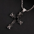 Retro stainless steel cross pendant necklace with black gemstone and crown details - Steel Color Pendant Only (Without Chain)
