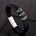 Men's double-row black woven leather bracelet with three silver metal skulls and magnetic clasp - Triple Aligned Skulls Style (A-41)