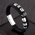 Men's double-layered black braided leather bracelet with silver skull charm and magnetic clasp - Skull Slider Multilayer Braided Style (A-40)