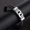 Men's retro braided black leather bracelet with engraved silver stainless steel buckle - Nordic Totem Engraved Clasp Style (A-37)