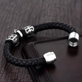 Men's black braided leather bracelet with silver floral beads and magnetic clasp - Cross Flower Brushed Metal Style (A-29)