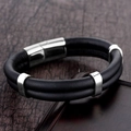 Men's double-layered black leather braided bracelet with polished silver steel accents - Cylindrical Metal Spacer Double Strand Style (A-34)