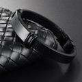 Men's braided black leather bracelet with matte black steel plate and clasp closure - Lychee Texture Black Metal Plate Style (A-01)