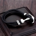 Men's double-braided black leather bracelet with a silver anchor-shaped metal clasp - Anchor Shape Vintage Clasp Style (A-05)