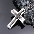 Close-up of double-layer stainless steel cross pendant with steel wire texture details - Two-tone Black (With Box Chain)