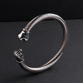 Industrial vintage silver braided steel cable open cuff bracelet with double fist motif - Steel