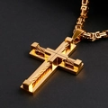 Close-up of golden stainless steel cross pendant with industrial wire cable texture and box chain - Gold Color (With Handmade Chain)