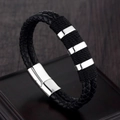 Men's woven black leather bracelet featuring polished silver rings and magnetic clasp - Triple Polished Silver Metal Rings Style (A-08)