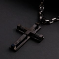 Close-up of black stainless steel cross pendant with steel wire weave and chunky link chain - Black Color (With Handmade Chain)