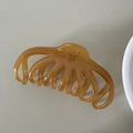 Dettaglio della grande pinza per capelli ambra traslucida per acconciature folte - Marrone
