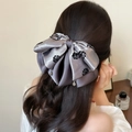 Elegant grey satin bow hair claw with black rose print and beaded pendant for women - Purple Grey