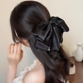 Elegant black satin bow hair claw clip with floral embroidery and crystal pendants - Black