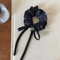 Elegant black satin scrunchie with pearl and rhinestone charms and flowing ribbons - Black