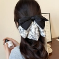 Elegante fermaglio per capelli a fiocco multistrato con stampa a inchiostro e raso nero - Bianco Sporco