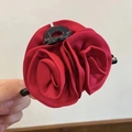 Elegant red satin rose flower hair claw clip for elegant women updo hairstyles - Burgundy