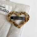 Detailed macro view of heart-shaped plush leopard print hair clip with metal BB grip - Light Leopard - Heart