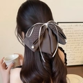 Elegante fermaglio per capelli con fiocco marrone a pois e catena di perle stile francese - Marrone
