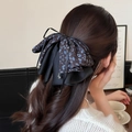Vintage floral bow hair claw clip for women, elegant double-layered back head shark clip - Blue Coffee Floral