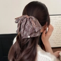 Fermaglio per capelli a fiocco scozzese marrone con perle stile college per donne - Fermaglio per Capelli a Quadretti Caffè