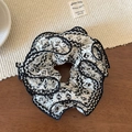 French style black and white lace scrunchie with crochet flower pattern and soft edge - Black and White Knit Style