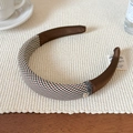 Close-up of houndstooth fabric headband with brown satin and sparkling rhinestones - Brown Plaid Headband