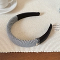 Detail of houndstooth headband with rhinestone accents and square crystal drop - Black Plaid Headband