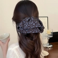 Vintage floral double-layered bow hair claw clip for elegant half-up ponytail hairstyles - Blue Coffee Floral