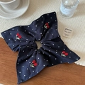 Detail of navy blue polka dot scrunchie with red cherry embroidery on fabric - Scarf Scrunchie (FQ-0326)