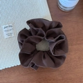 Detail of dark brown pinstripe scrunchie with layered fabric texture on a desk - Coffee Double Layer