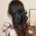 Elegant large black satin double bow hair claw clip with gold metal tag for ponytail - Black