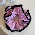 Detail view of pink and purple striped scrunchie with elegant black pleated lace trim - Pink Stripe