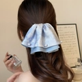 Elegant Monet-style blue watercolor satin bow hair claw clip with pearl accents - Blue Tie-Dye Style
