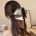 Elegant double-layered satin bow clip with floral print for women's hairstyle - Brown