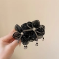 Detail of black mesh bow hair claw clip with rhinestones and hanging crystal tassels - 7cm / Black (7cm Claw)